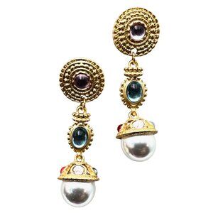 Womens Earrings Pastel Cabochon Pierced Faux Pearl Gold Tone Chandelier New